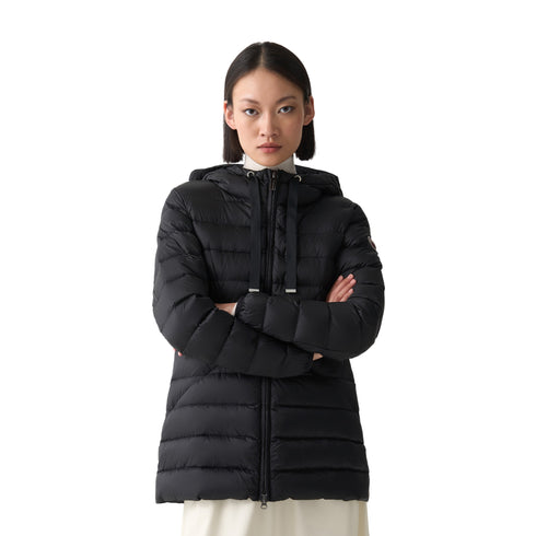 Piumino Donna lungo, con cappuccio dotato di coulisse e zip frontale